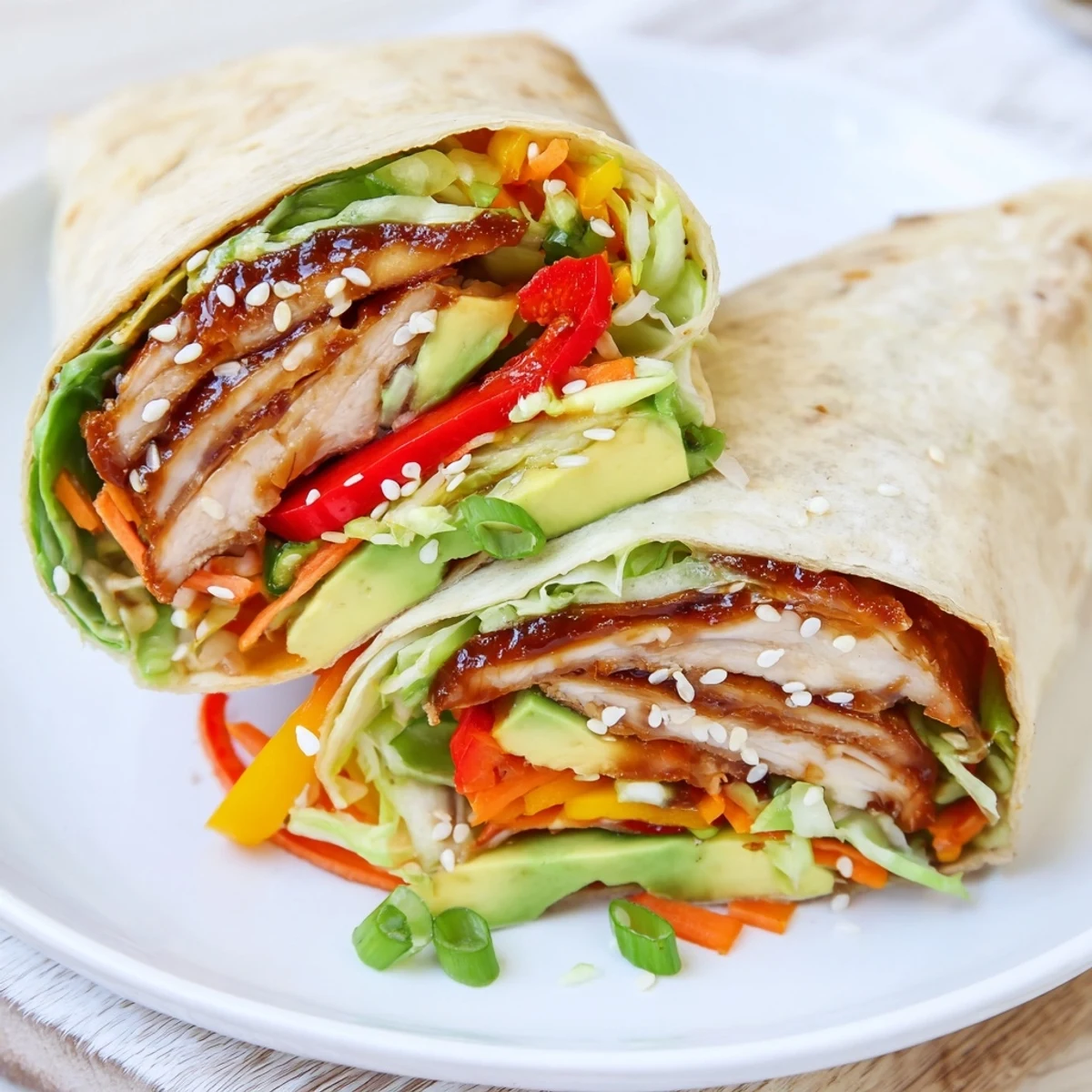 A close-up of a delicious teriyaki chicken wrap, showing perfectly sliced chicken and fresh fillings.