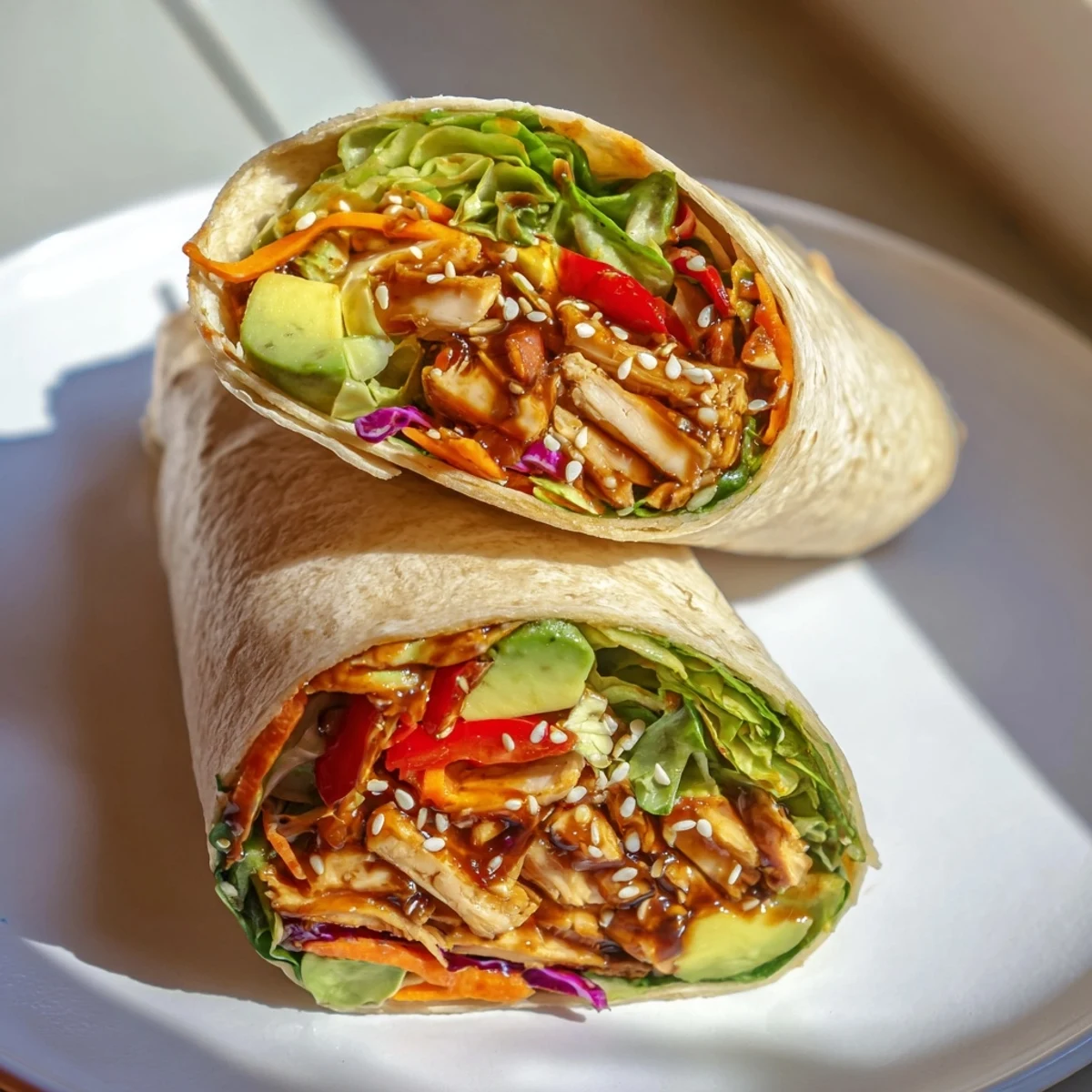 Freshly assembled teriyaki chicken wraps, a complete meal suggestion with savory flavors and textures.