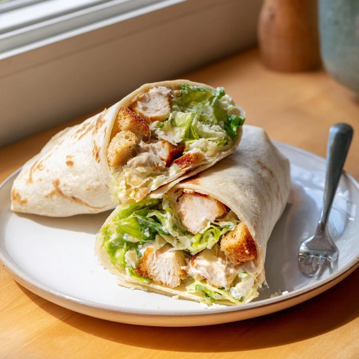 Golden-brown Chicken Caesar Wraps, cut in half to showcase the delicious, layered filling for a quick meal.