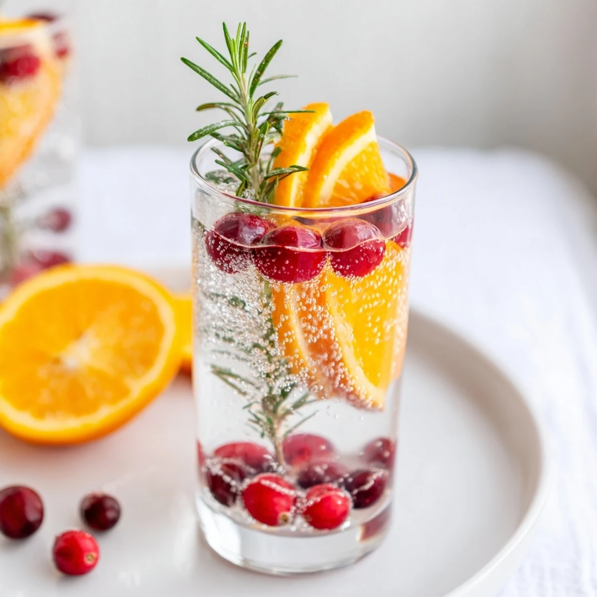 Close-up of a delightful snow globe mocktail with frozen cranberries, ready to serve with rosemary.