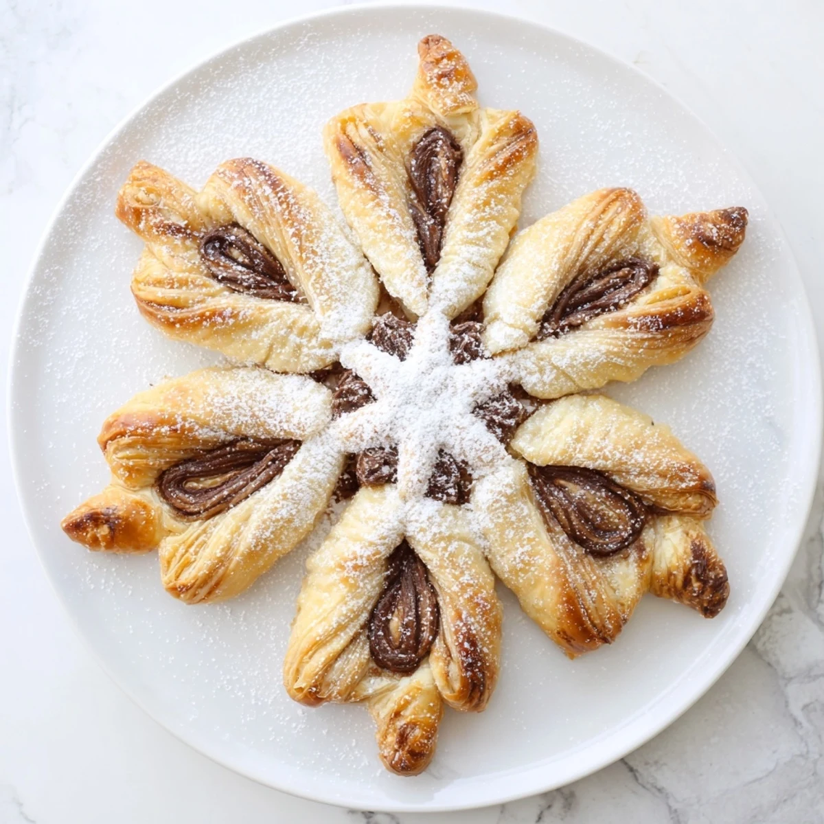 Golden, flaky Express Nutella Puff Pastry Snowflakes dusted with powdered sugar, a perfect easy dessert.