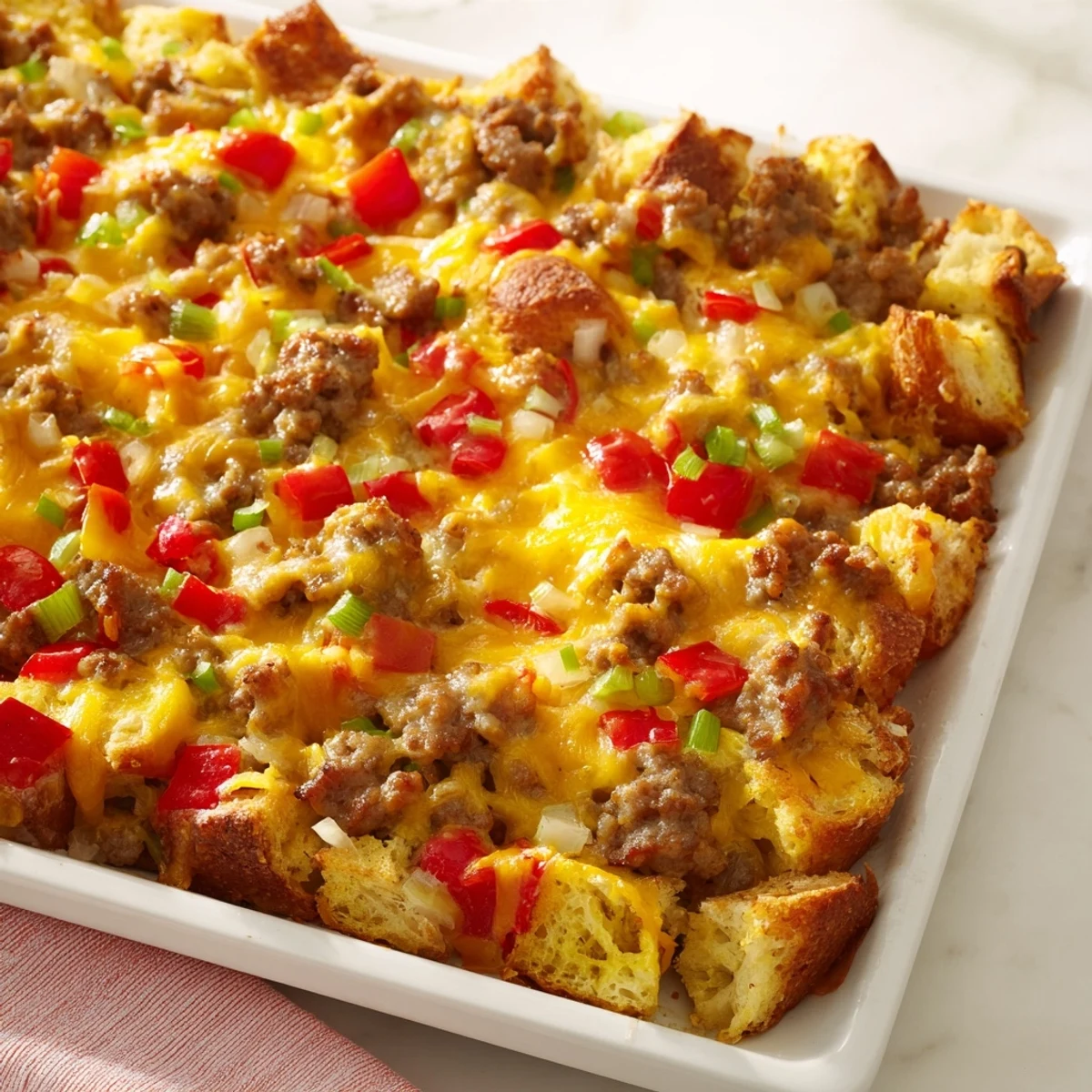 A close-up of a steaming Lightning-Fast Breakfast Sausage Casserole, perfect for a satisfying, quick meal.