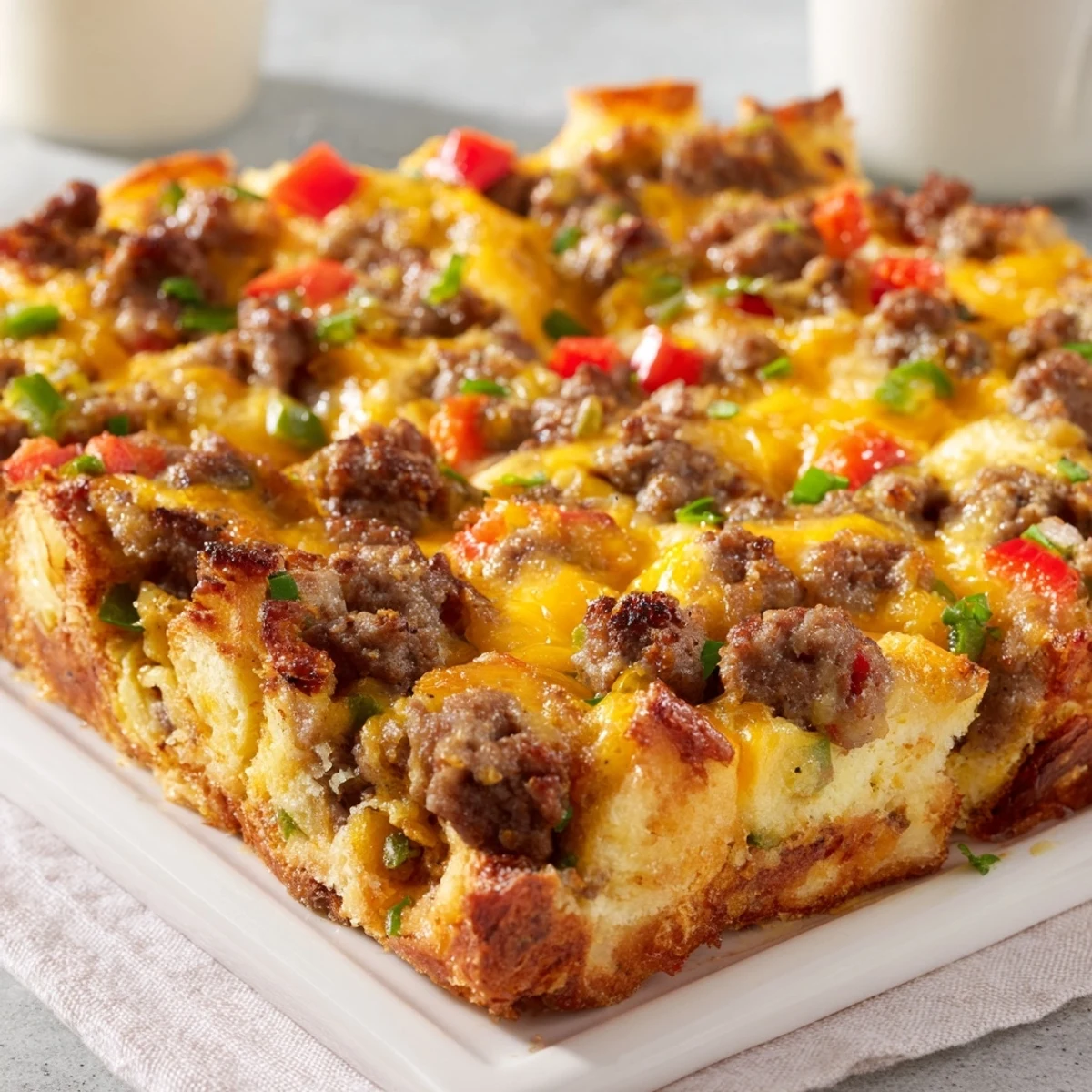 This warm, cheesy Lightning-Fast Breakfast Sausage Casserole looks amazing, ready to serve with your favorite hot sauce.