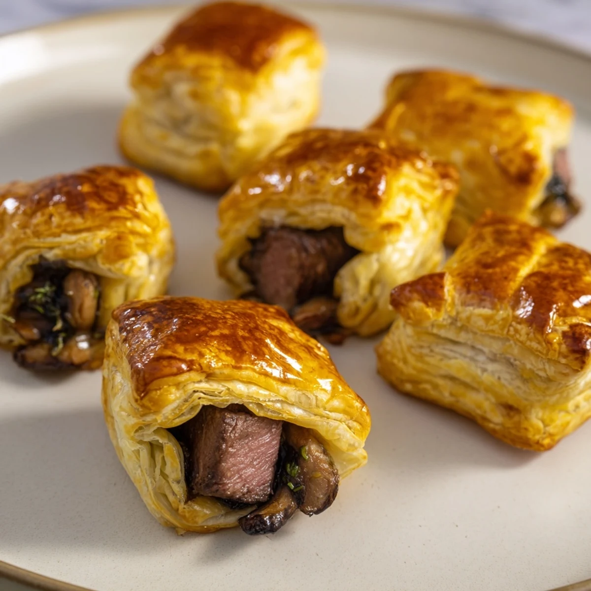 A close-up of beautifully baked Christmas Beef Wellington Bites, ready to enjoy as a flavorful appetizer for guests.