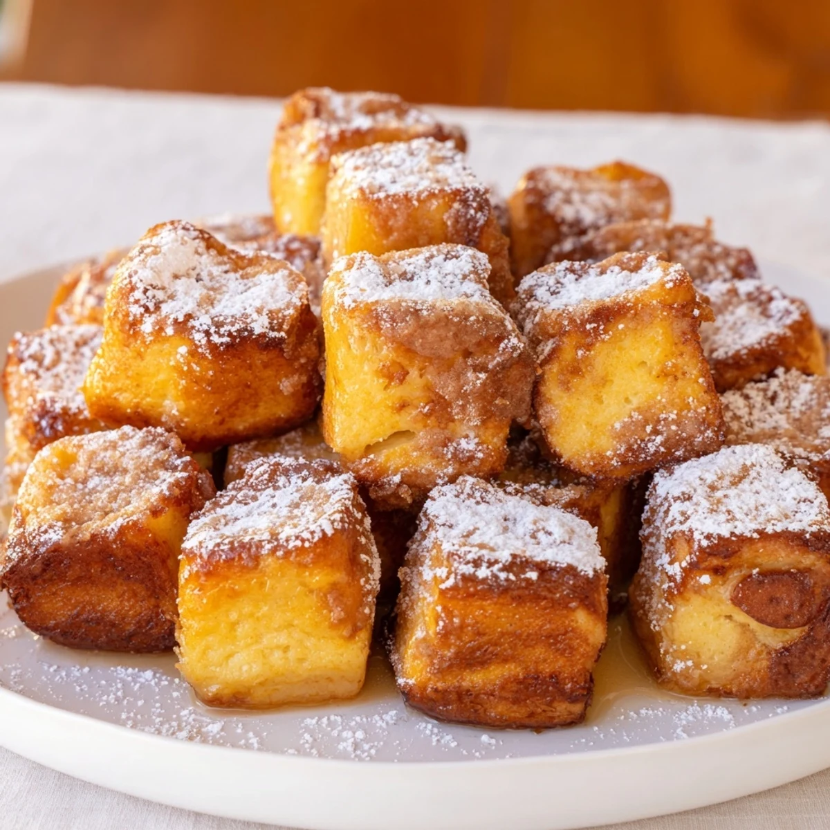 Golden Mini French Toast Casserole Bites, warm and cinnamon-spiced, ready for a delicious breakfast.