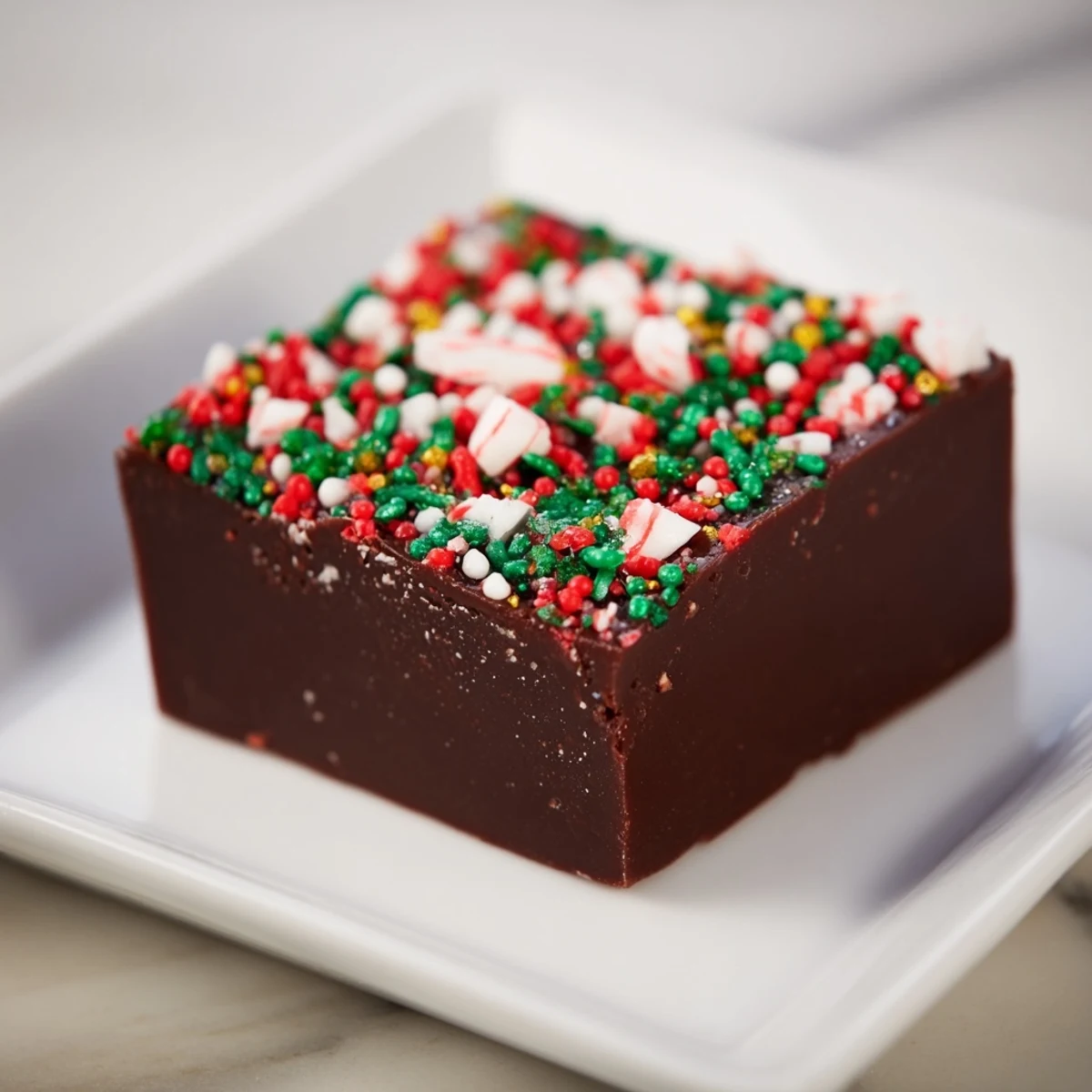 Creamy 3-Ingredient Christmas Fudge Squares dusted with red and green sprinkles, a holiday dessert.