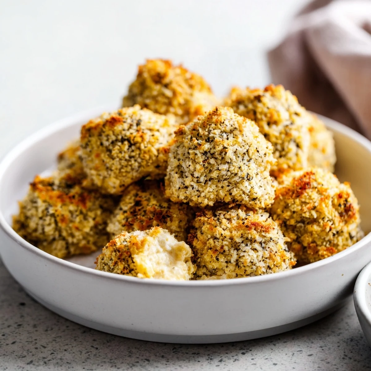 Golden-brown and crispy cheese-wrapped pickle ornaments served with a creamy dipping sauce on a platter.