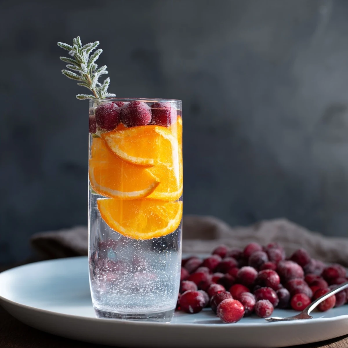 Snow Globe Mocktail with floating cranberries, orange slices, and bubbly refreshment for a festive occasion.