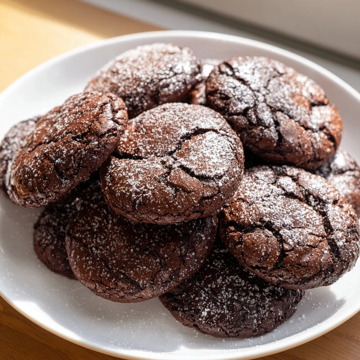 Warm, crackled Air-Fried Chocolate Crinkle Cookies, a perfect dessert slightly crispy on the outside.