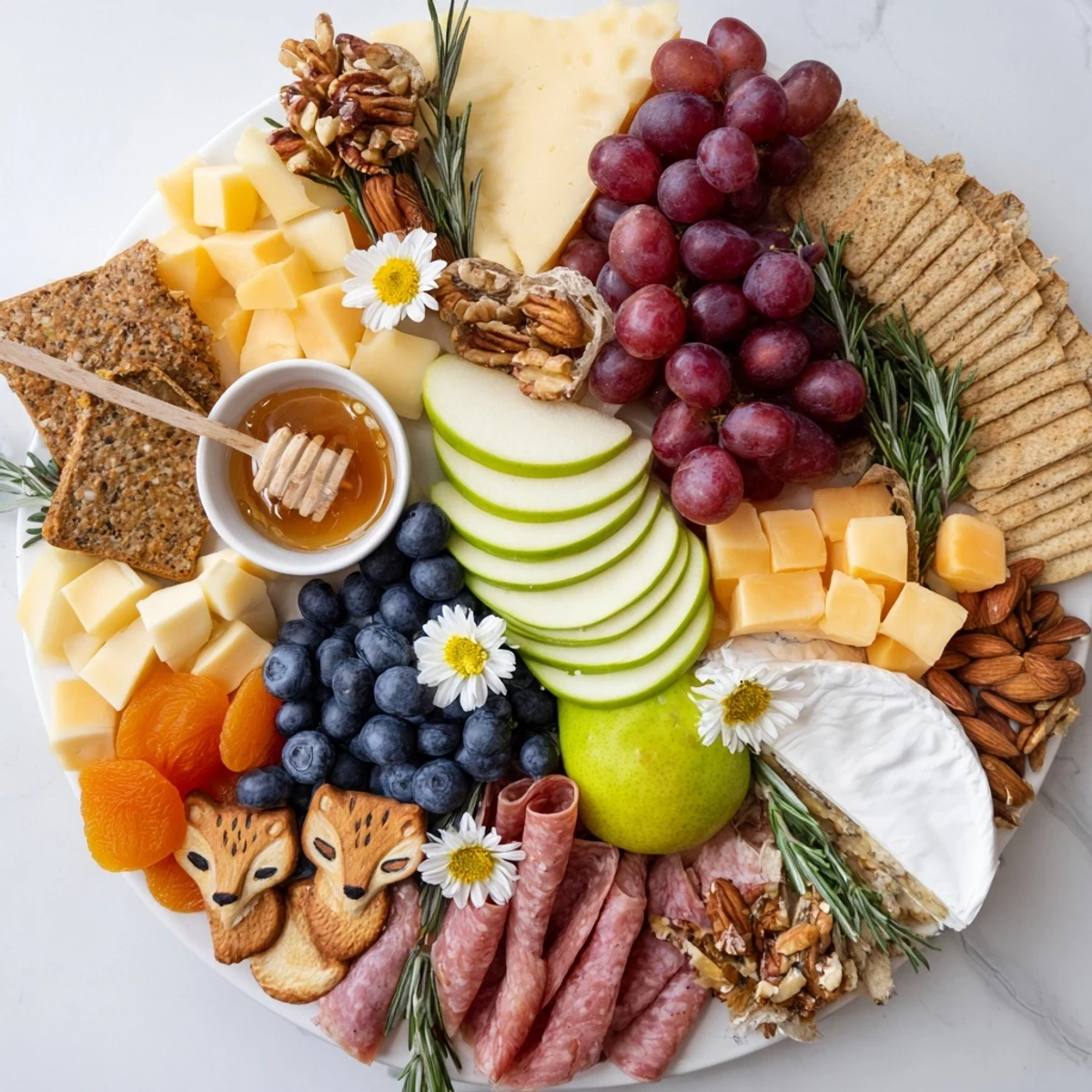 A beautiful cheese Cozy Forest Animal Board displays delightful pairings, fresh rosemary, and a charming forest ambiance.