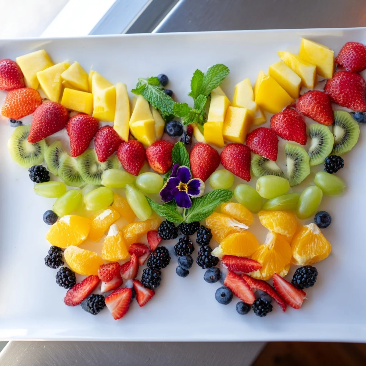 Vibrant Butterfly Bloom Fruit Board featuring strawberries, grapes, and kiwi, perfect for a refreshing snack.