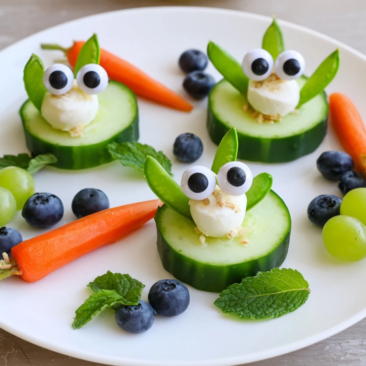 Frog Pond Snack Tray: A whimsical display with cucumber lily pads and mozzarella frogs, ready to eat.