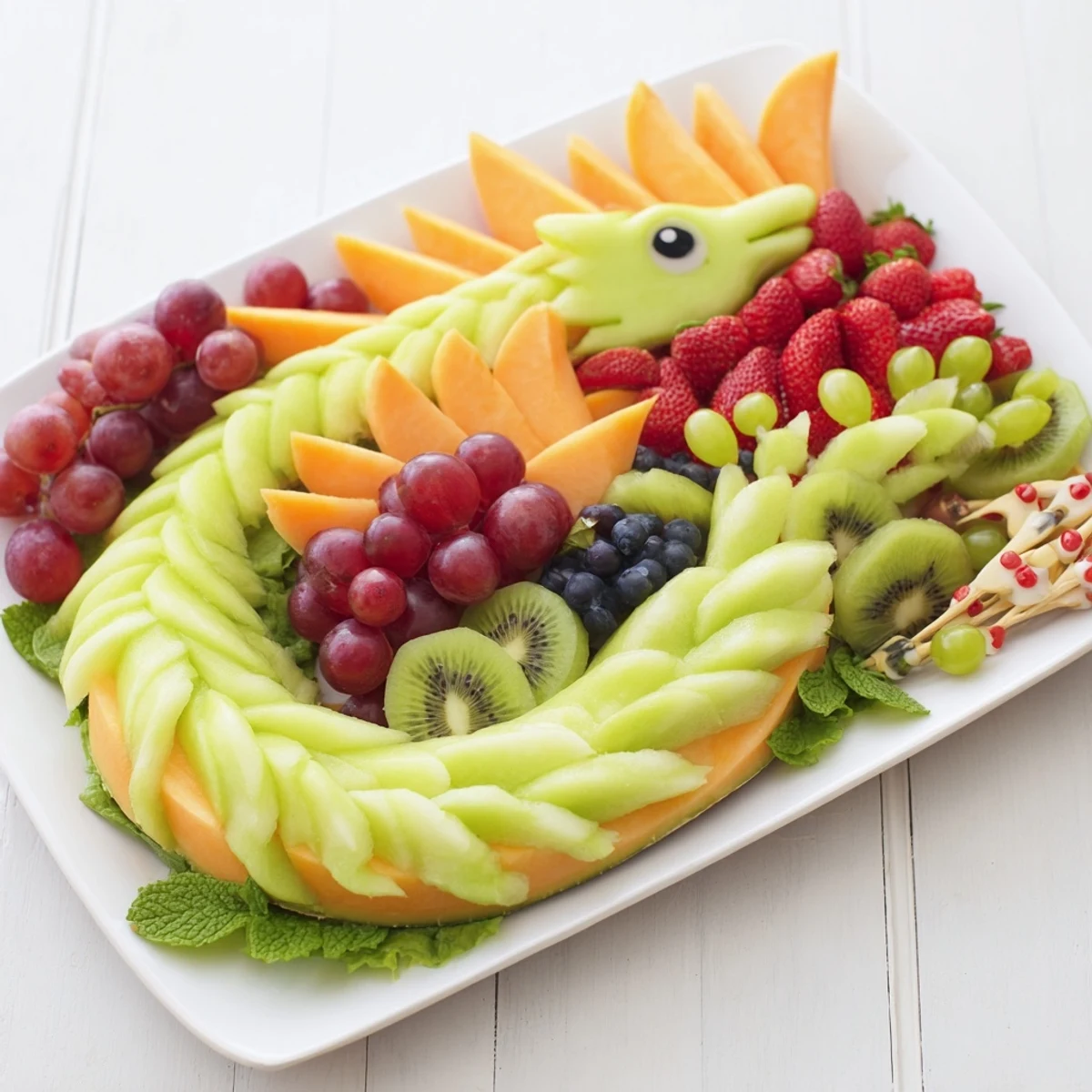 Vibrant dragon-shaped fruit tray, watermelon and berries providing a healthy, colorful appetizer for any party.