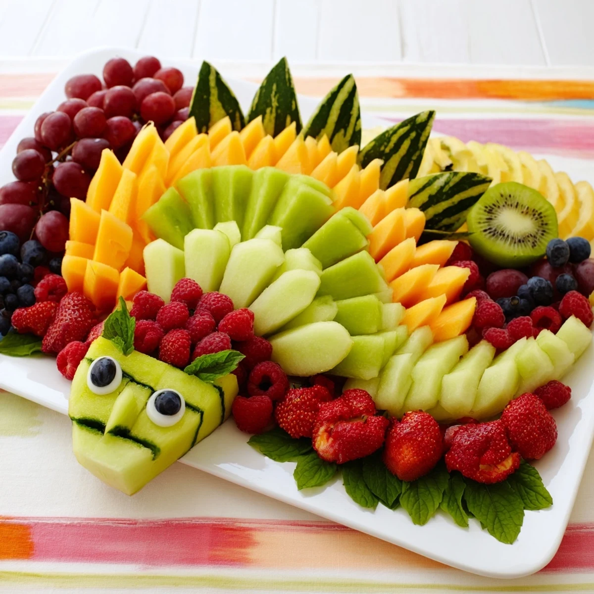 Fresh, sweet dragon-shaped fruit tray details show off bright cantaloupe scales and blueberry eyes, ready to eat.