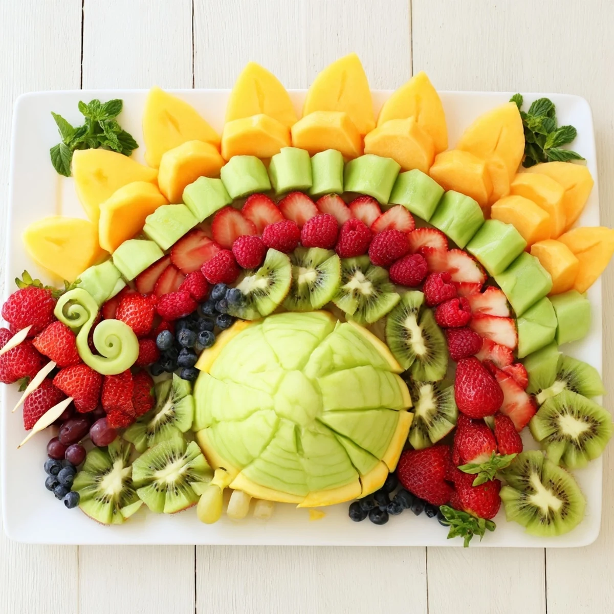 A beautifully arranged dragon-shaped fruit tray features a watermelon body with grapes, kiwi, and berries.