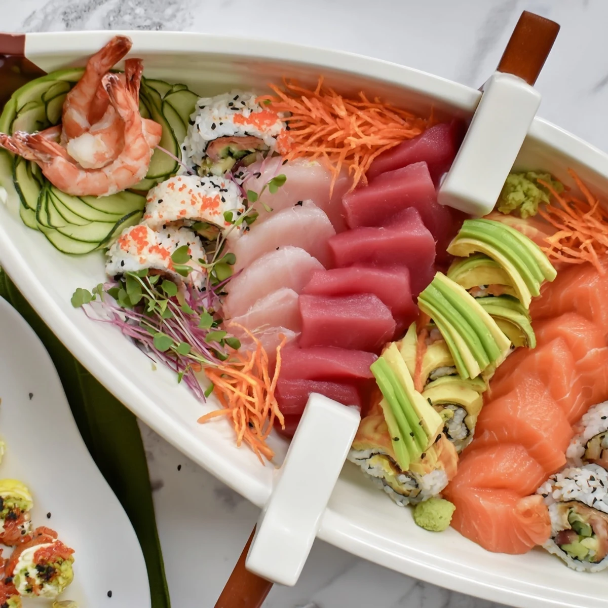 Sail Away Boat-Shaped Sushi Platter: A vibrant display of colorful sushi arranged to resemble a beautiful boat.