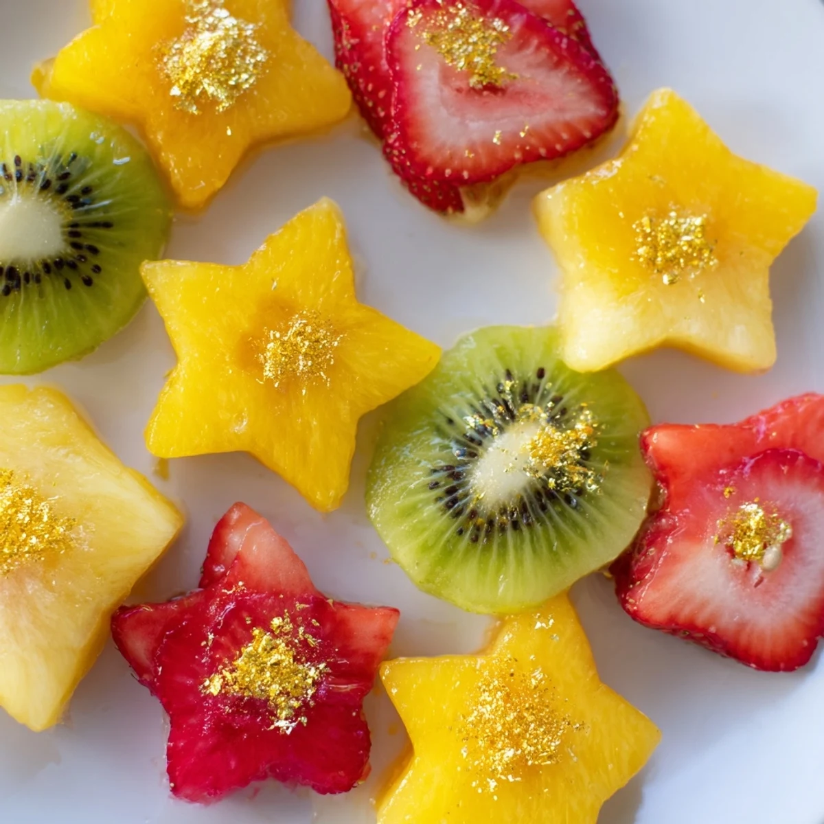 Midnight Kiss Star and Heart Cocktail Garnishes: Festive fruit shapes sparkle atop a celebratory cocktail, ready to drink.