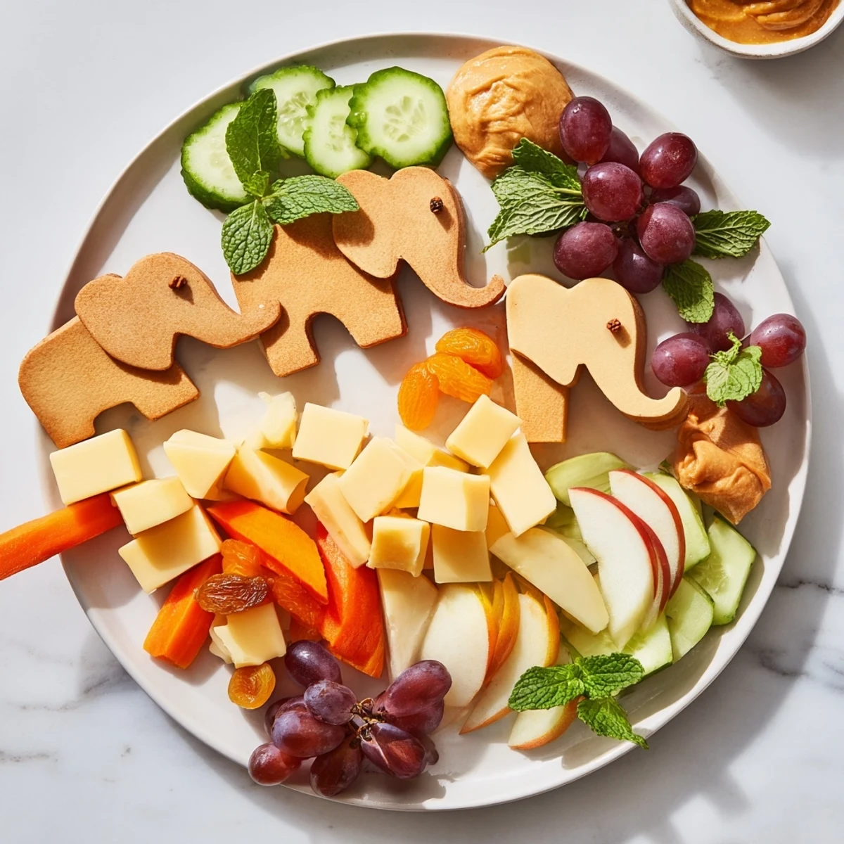 Vibrant Elephant Cracker Board offers a delicious arrangement of crackers, apricot, and brie—a fun appetizer.