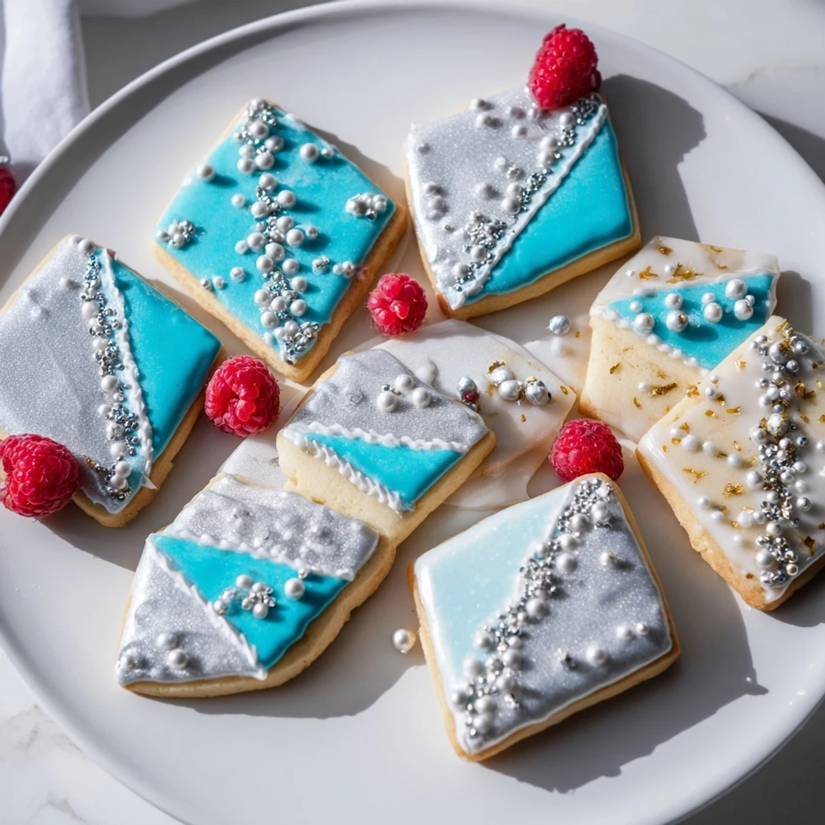 Close-up of the Engagement Ring Diamond dessert tray showcasing sparkling, diamond-shaped cookies, and silver dragées.