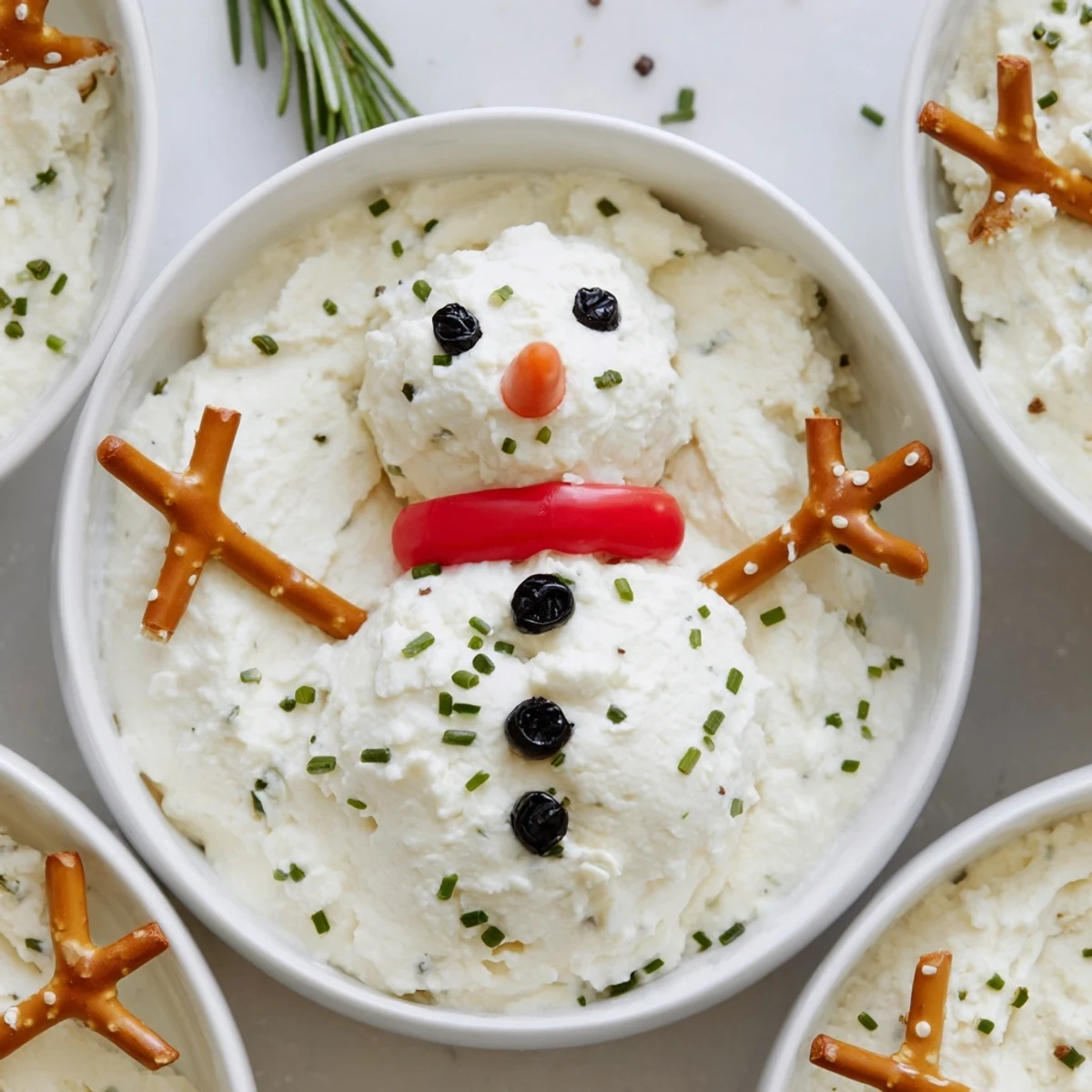 Festive Melted Snowman Dip, a delicious holiday appetizer, invites dipping with crackers and veggies.