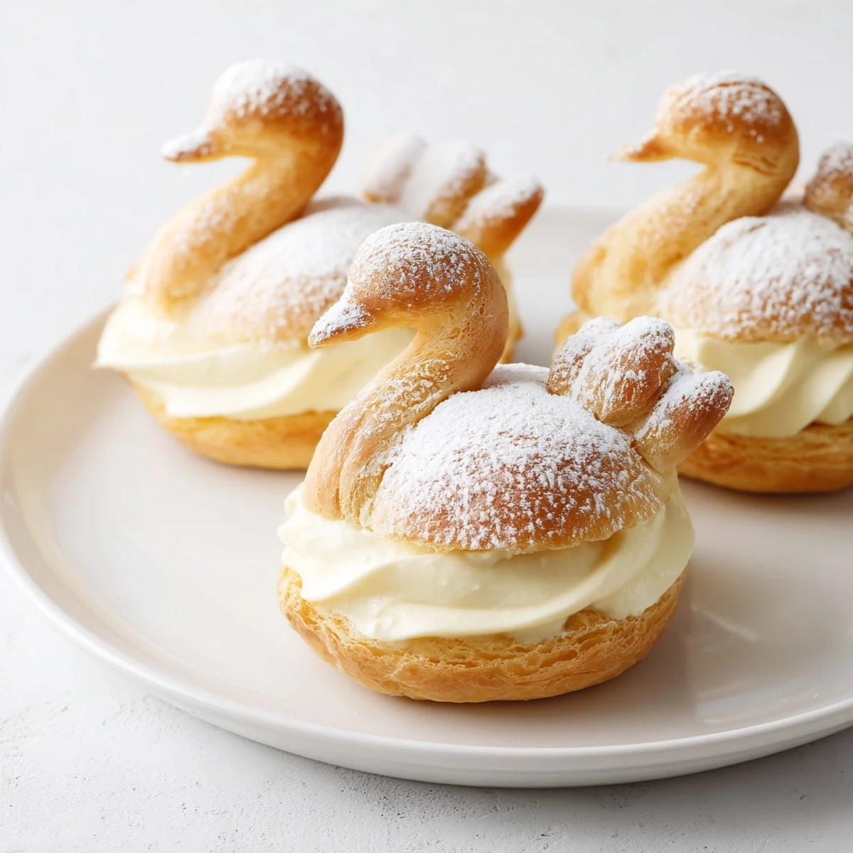 Delicate Feathered Friend Swan Pastry Platter, golden-baked cream puffs with sweet, creamy vanilla filling and swan detail.