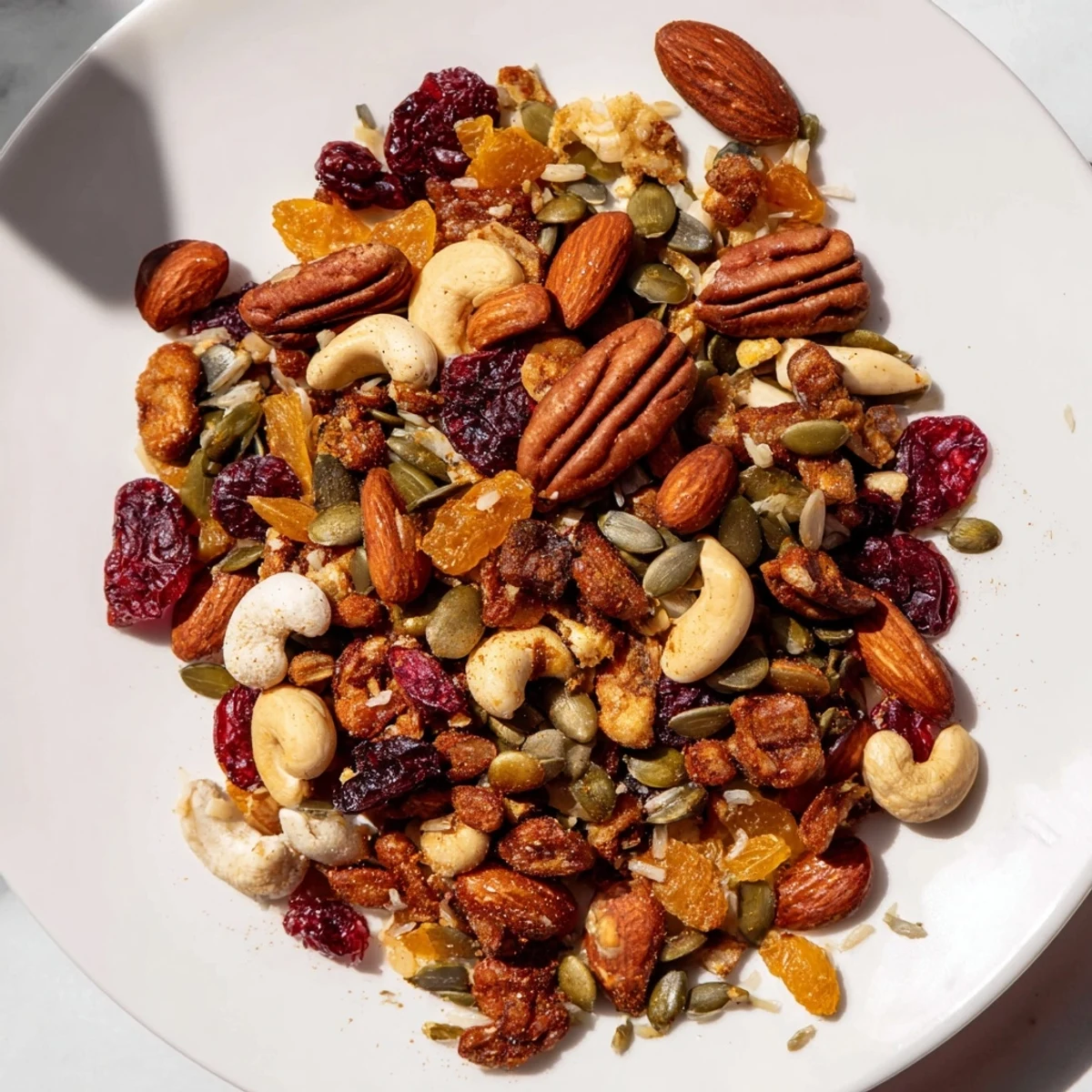A generous serving of Nutty Nosh Squirrel Snack Mix with nuts and dried fruits, perfect for sharing.
