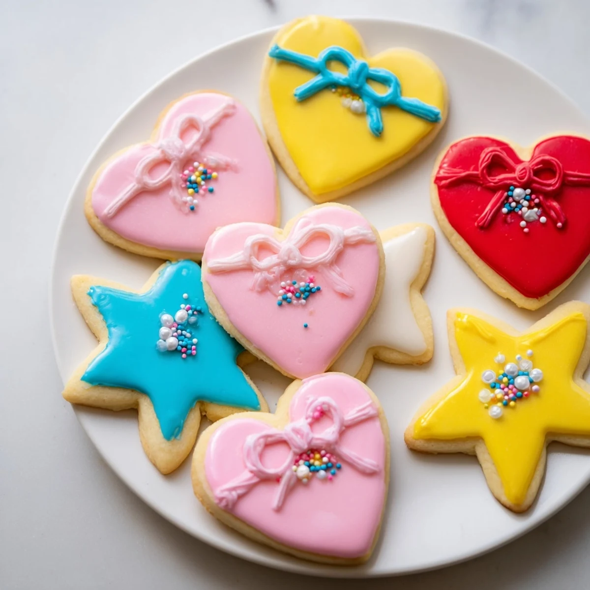 Vibrant Pretty Bows Heart & Star Cookies, shaped and decorated, make delightful gifts or tea time treats.