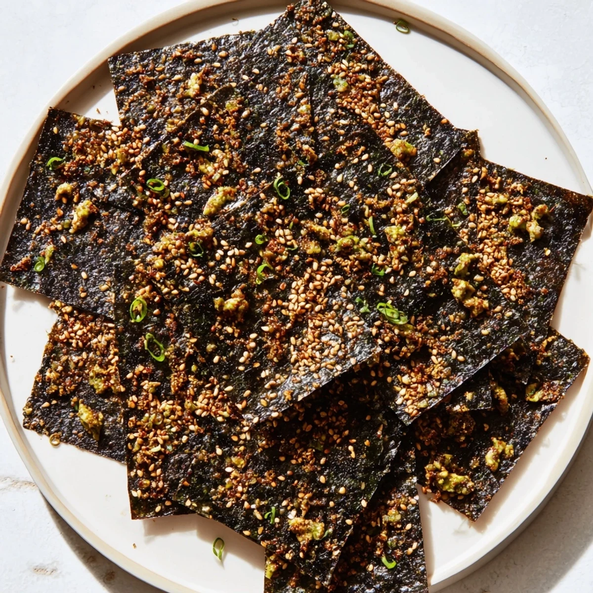 Baking sheet filled with homemade Snacks de Vague Surf, seasoned seaweed, and sesame seeds; a vegan treat.