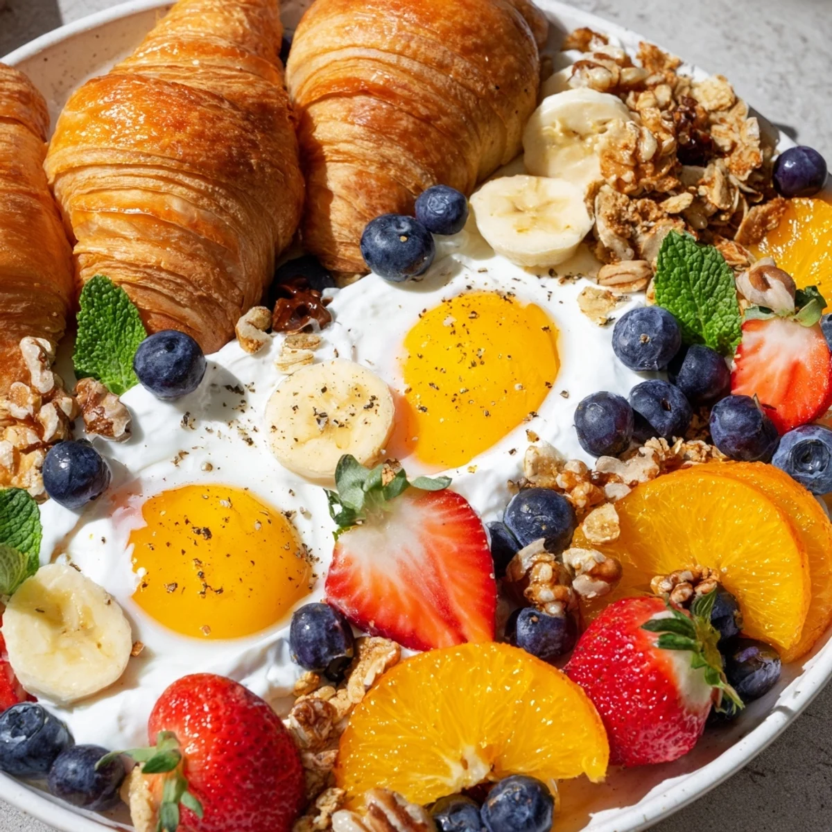 Vibrant Soleil Matinal Breakfast Platter with fresh fruit, golden eggs, and buttery croissants, ready to enjoy.