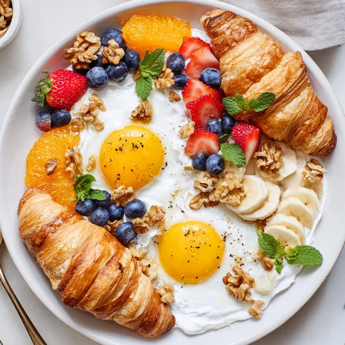Visualizing a Soleil Matinal Breakfast Platter: Colorful fruits, creamy yogurt, and cooked eggs, elegantly arranged and ready.