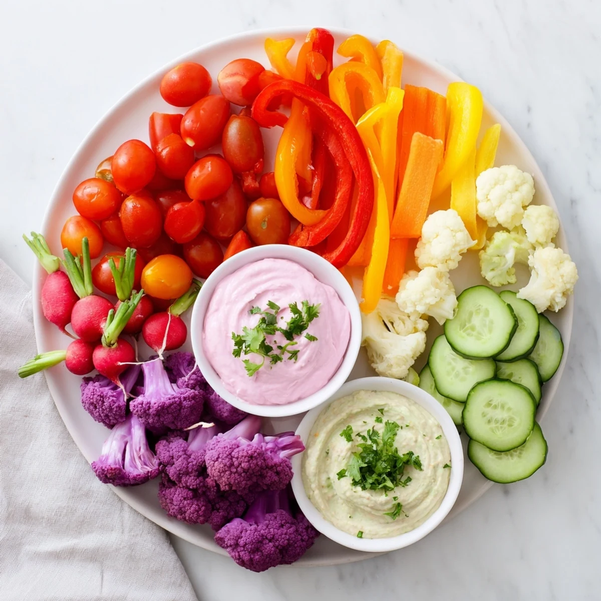 Vivid image of Rainbow Vegetable Dips; assorted fresh vegetables arranged with three flavorful dips.