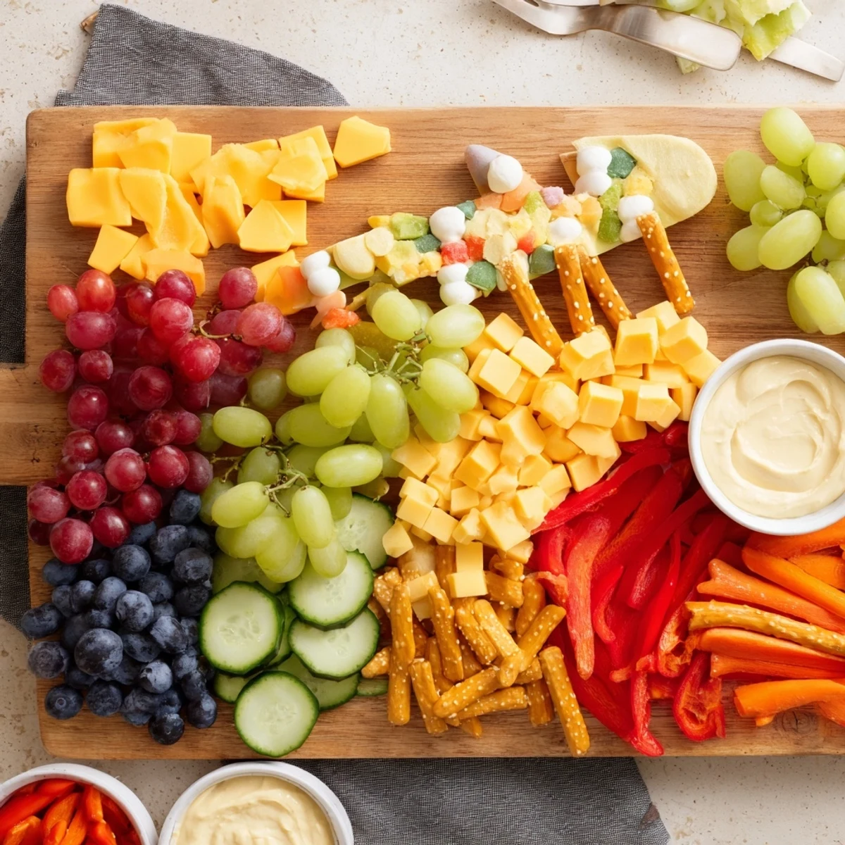 Spaceship Launch Snack Board: a colorful appetizer featuring grapes, cheese, and crunchy snacks arranged creatively.