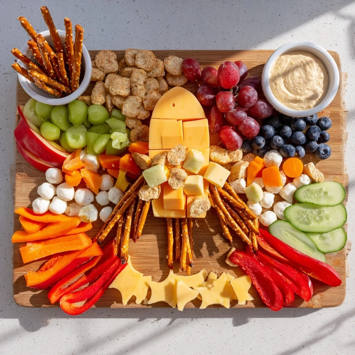 Easy Spaceship Launch Snack Board, a creative party snack with colorful fruits, crackers, and the best cheese.