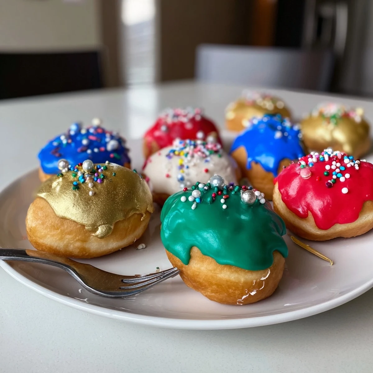 Golden-fried Christmas Ornament Beignets, iced in bright colors, perfect for a holiday dessert.