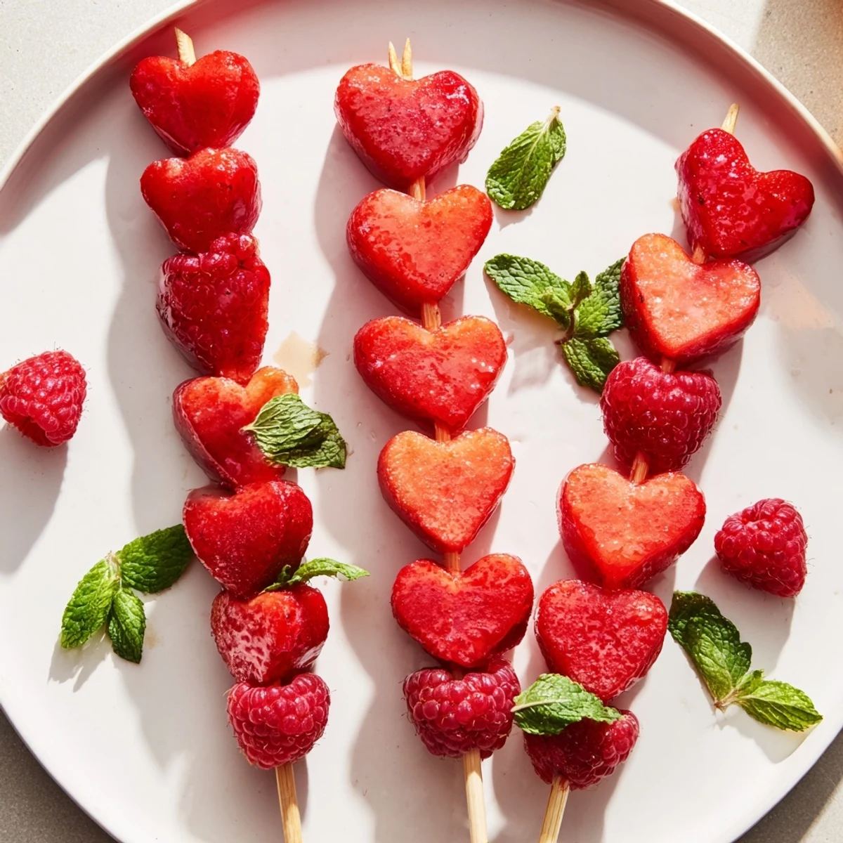 Skewers of red heart fruit: colorful, fresh dessert with raspberries and heart-shaped strawberry pieces, very appealing.