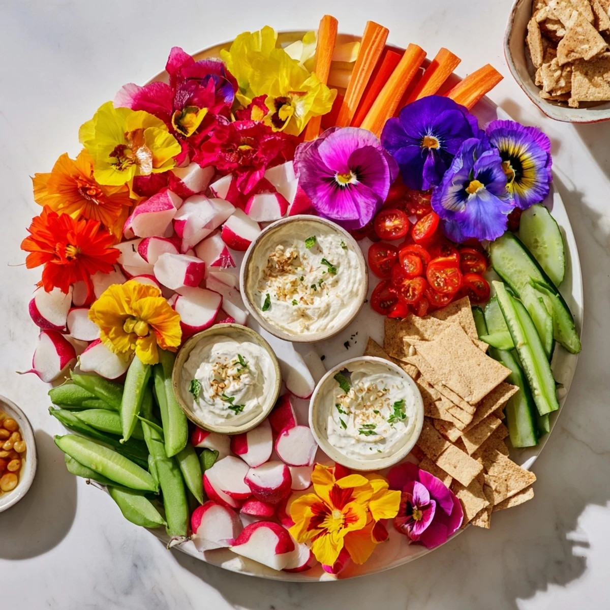 Fairy Garden Platter with vibrant edible flowers, fresh veggies and creamy dips makes a delightful appetizer.