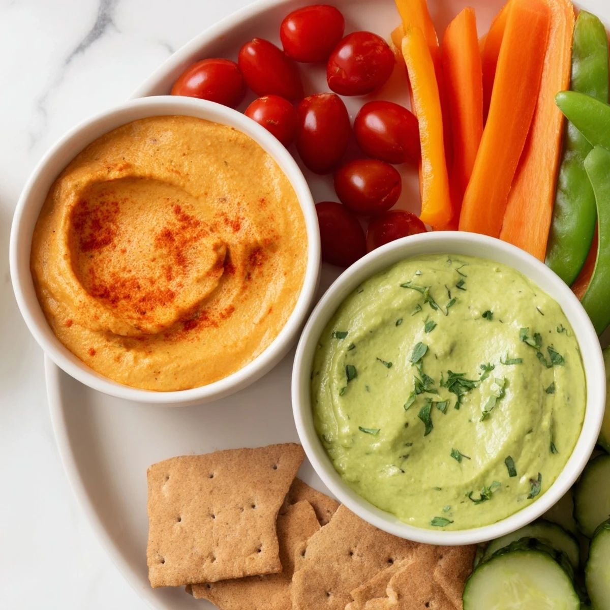 Festive Dip Duo Board: A red pepper dip and green goddess dip, beautifully arranged with vibrant veggies.