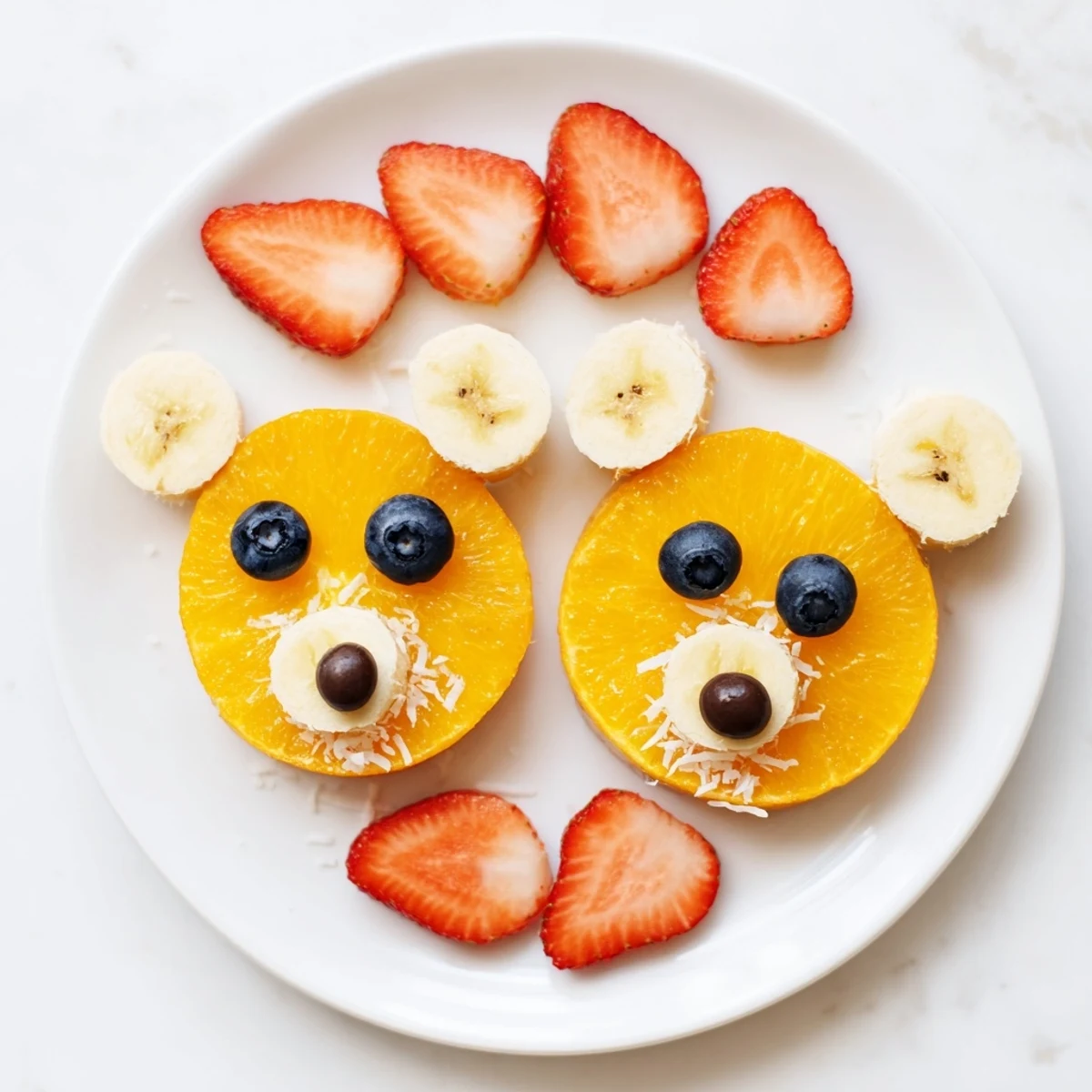 Orange Slice Bear Face Fruit Board: A cheerful, arranged platter of oranges, banana smiles, and blueberry eyes.