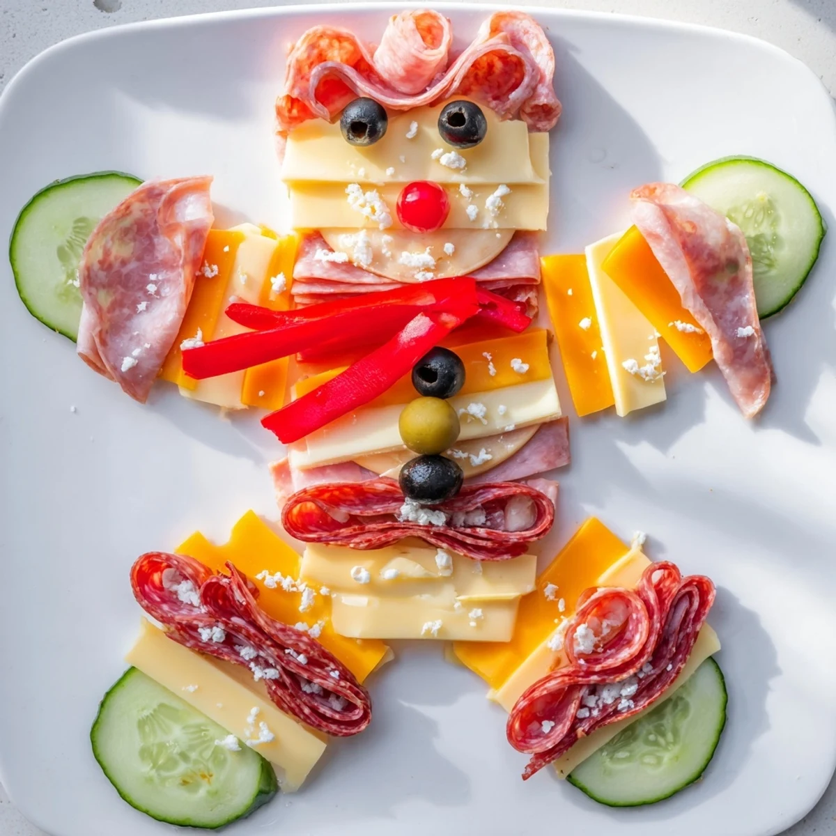 This gingerbread man savory charcuterie appetizer platter features visually appealing meats, cheeses and fresh vegetables.