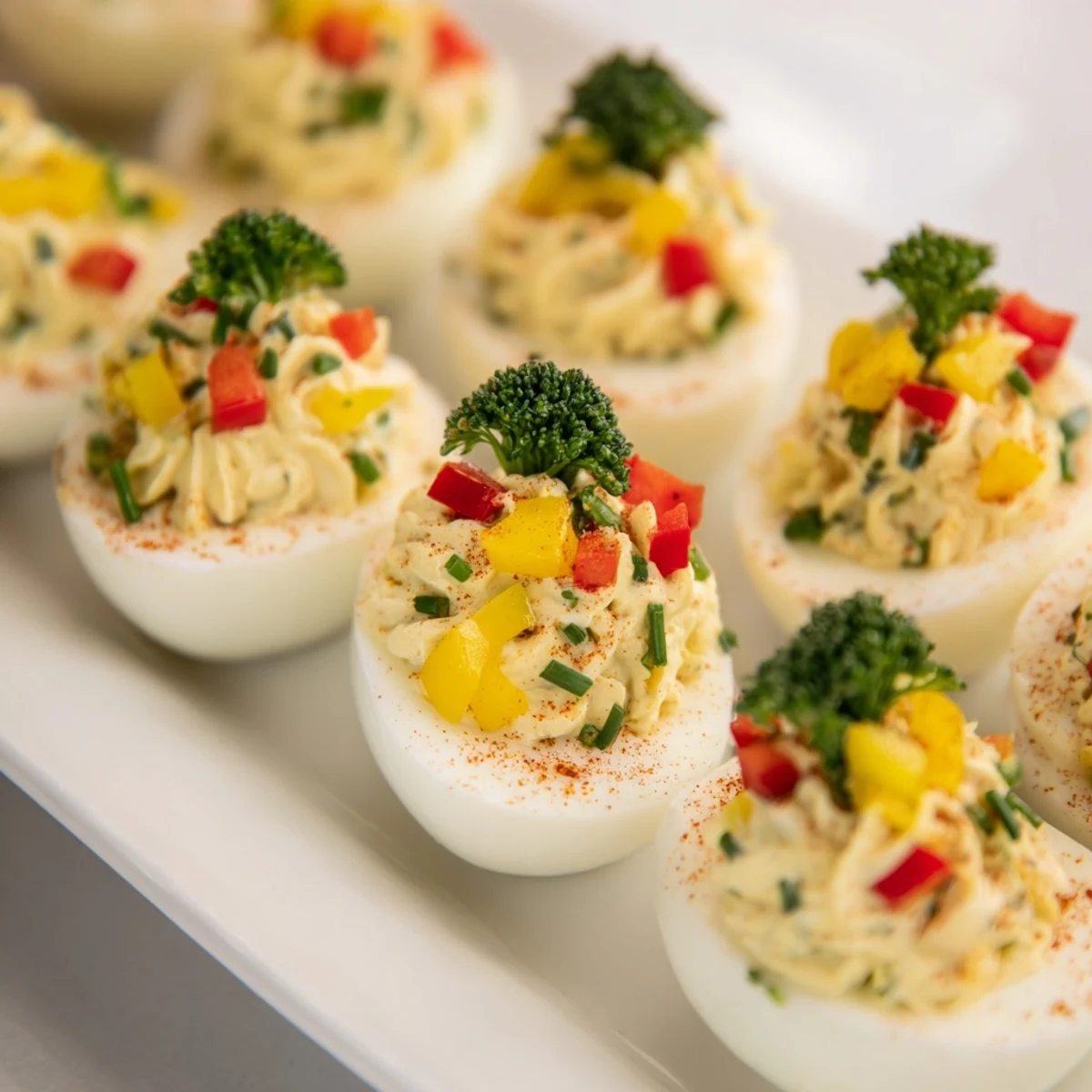 Close-up of a festive Christmas Tree Deviled Eggs platter, decorated with vibrant red and green peppers.