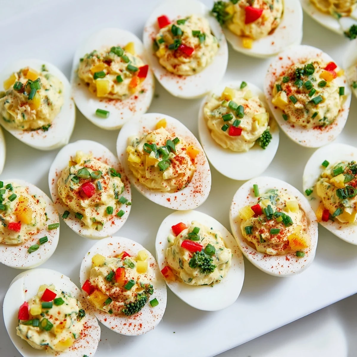Perfectly chilled Christmas Tree Deviled Eggs, creamy filling topped with colorful bell pepper "ornaments".