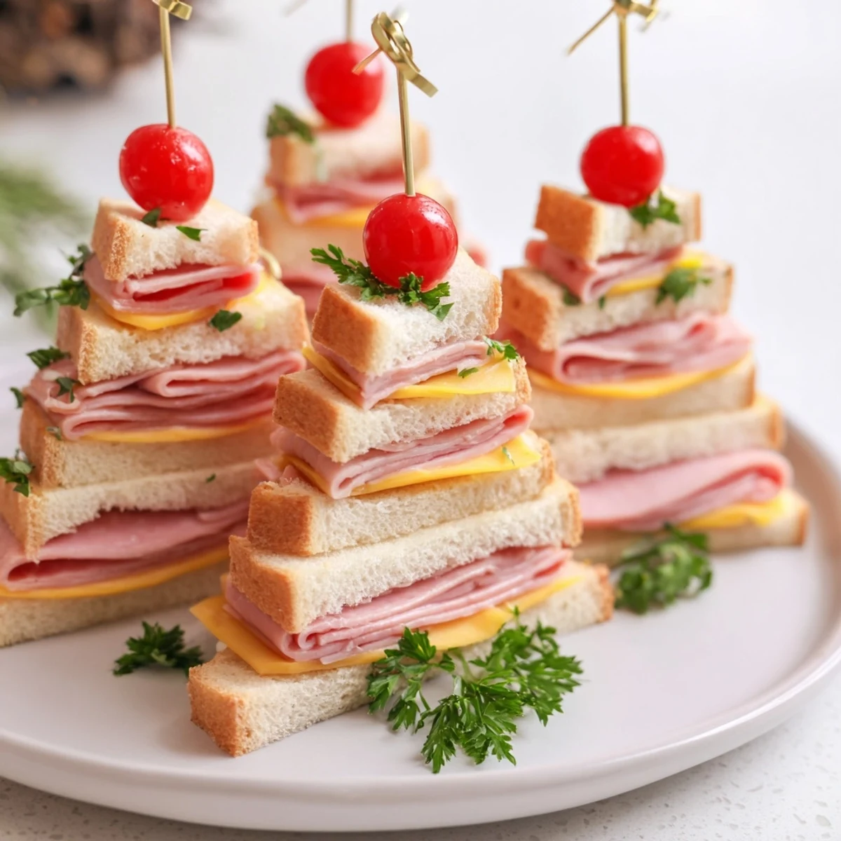 Mini Sandwiches arranged as Christmas trees, layered with ham and cheese for a festive appetizer.