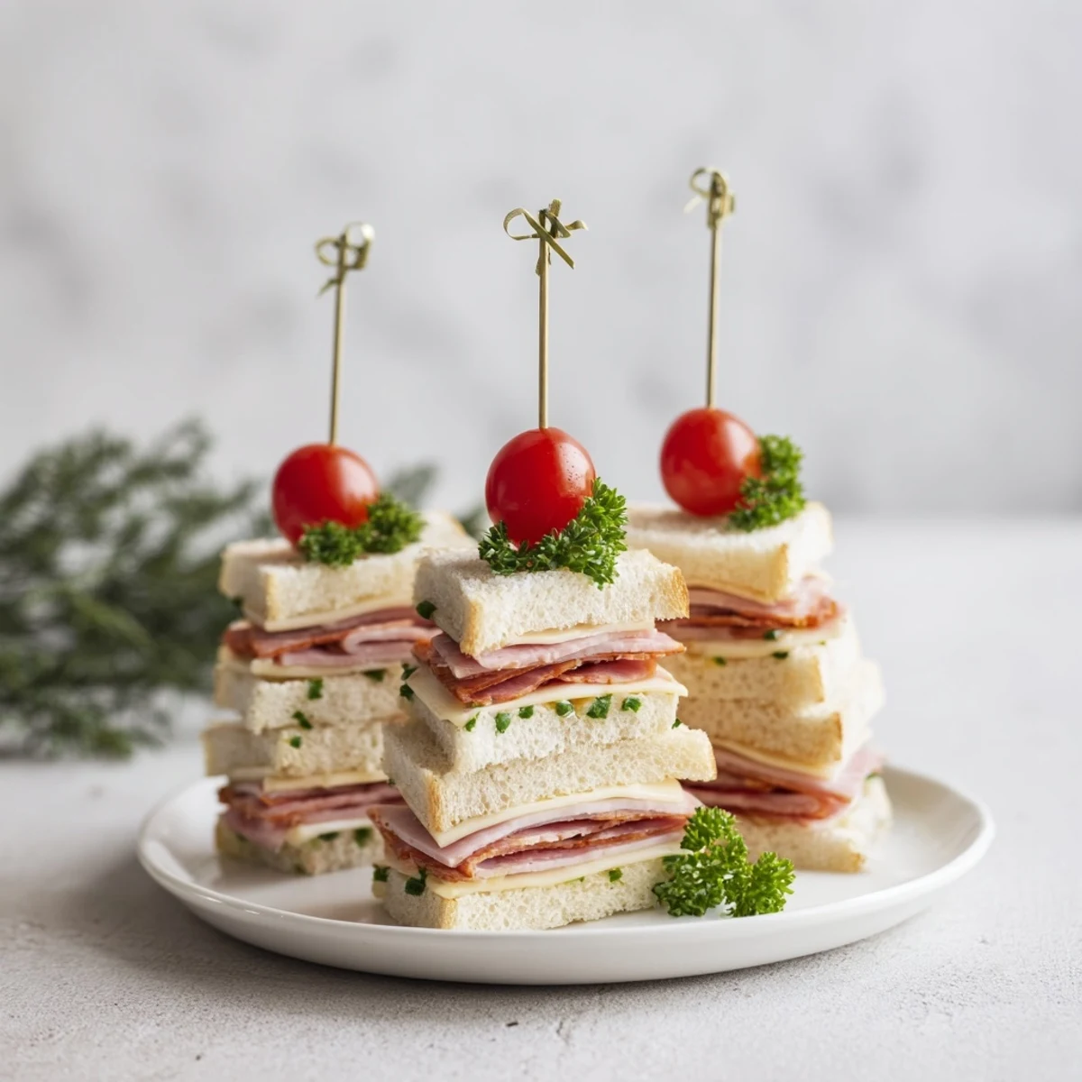 Close-up of freshly cut Ham and Cheese Christmas Tree Mini Sandwiches, ready to eat with parsley garnish.
