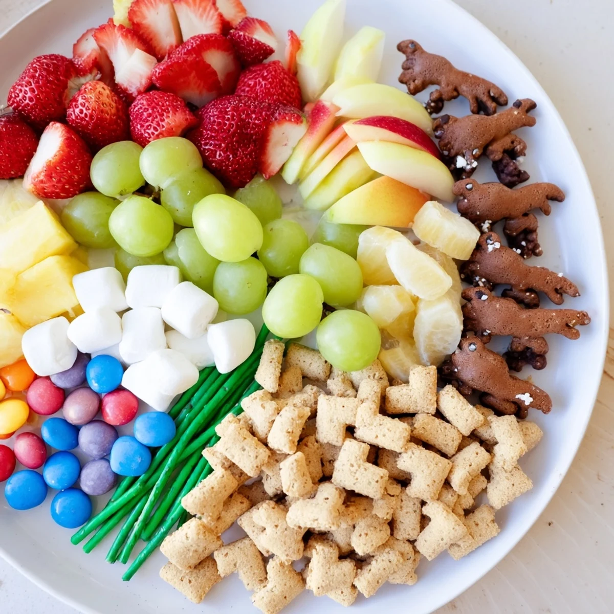 A kid-friendly Animal Cracker Safari Board: fresh fruit, creamy dips, and delightful animal-shaped cookies.