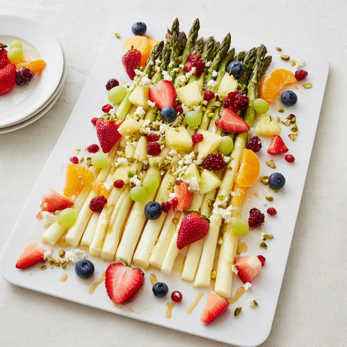 A visually stunning Asparagus Stem Floral Fruit Board with fresh blueberries, pineapple, and creamy goat cheese.