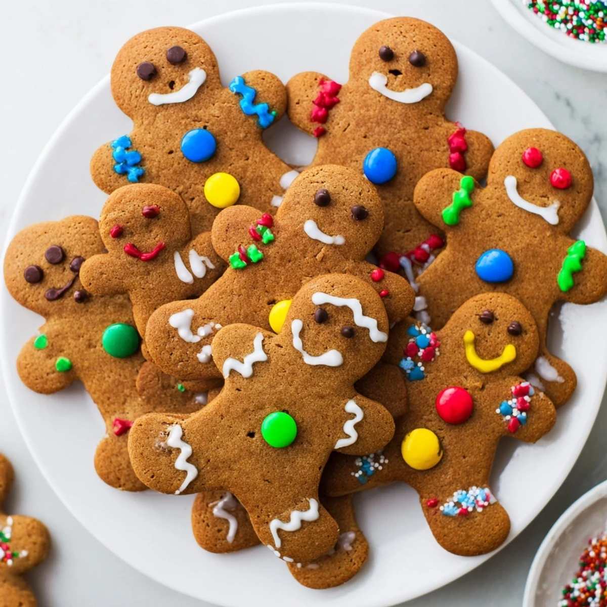 A close-up of a festive DIY Gingerbread People Decorating Board, filled with decorated cookies and sprinkles.