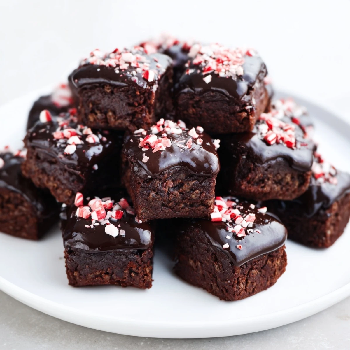 Fudgy Peppermint Mocha Brownie Bites, drizzled with chocolate glaze, make a perfect holiday treat.