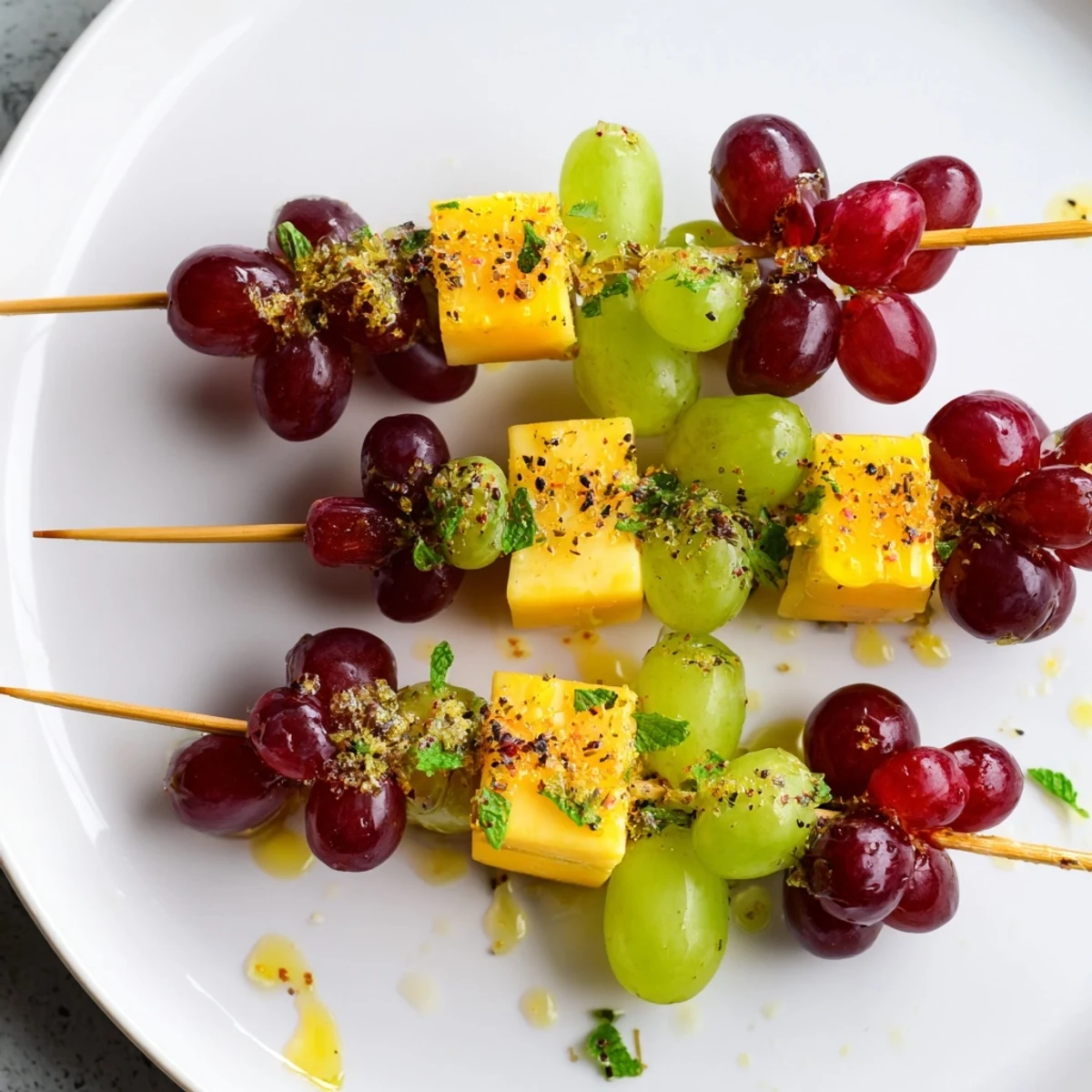 Festive Sparkling Grape and Cheese Skewers arranged on a platter, ready to be drizzled with honey glaze.