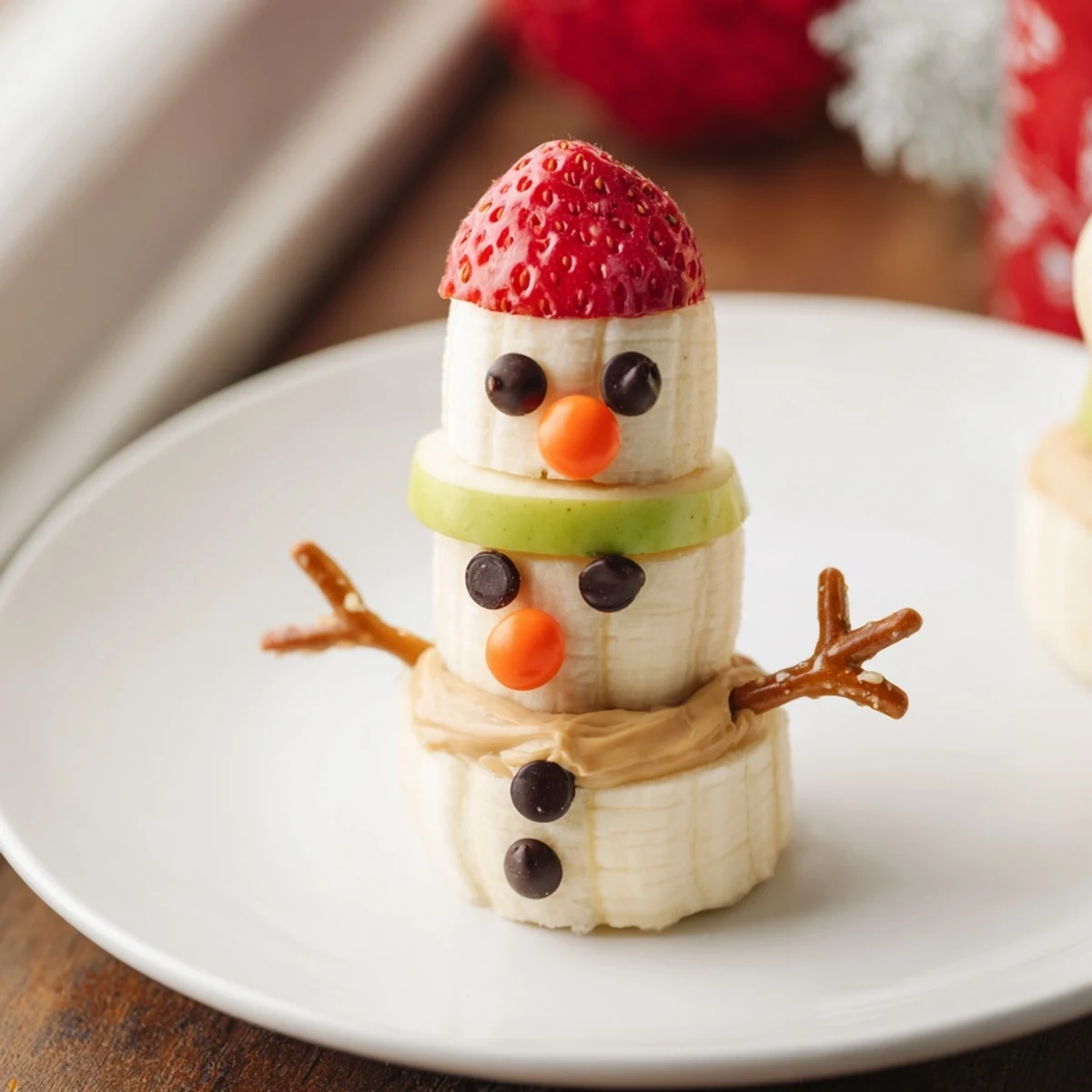 Adorable Banana Peanut Butter Snowmen snack: three banana rounds stacked, decorated with colorful candies.