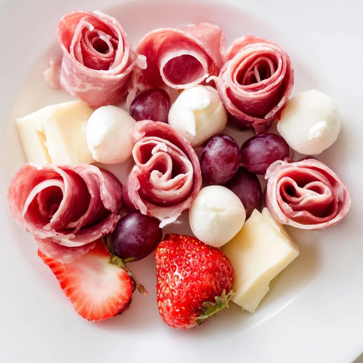 The Prosciutto Rose Bouquet Board displays artistic layers of meats, fruits, and cheeses, ready to be enjoyed.